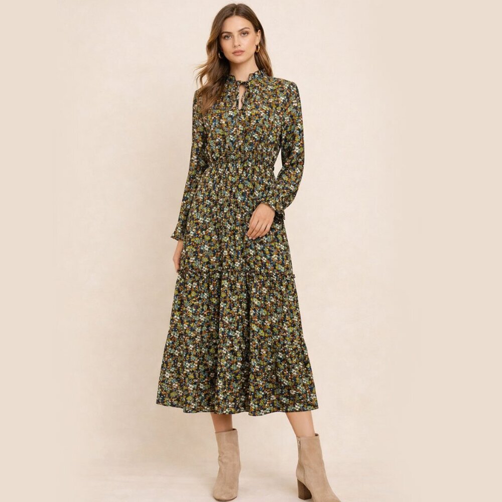 SHEIN Floral Long Sleeve Tiered Midi Dress – US Size 12, Shein Size XL